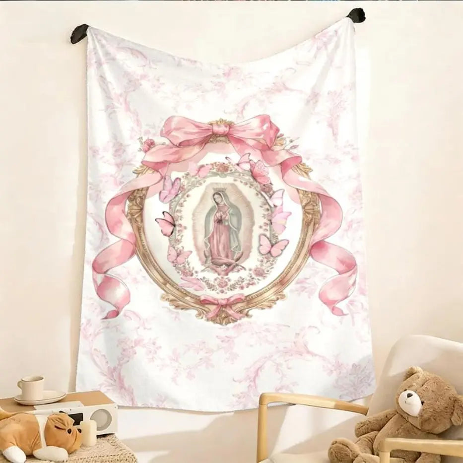 Our Lady of Guadalupe Pink Bow Frame Flannel Blanket - Super Soft Warm Polyester Throw with Colorful Design, Cute Sloth Pattern - Ideal for Bed, Sofa - Unique Gifts for Women, Teens, Moms’ Birthday Gifts, Girly Feminine Items, Mom Birthday Gifts