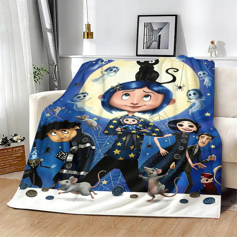 Coraline Cartoon Character Print Flannel Blanket - Soft Warm Bed Throw for Home or Travel Use, Ideal Holiday Christmas Birthday Gift for Teens, Flannel Blankets