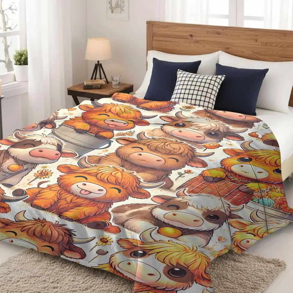 Highland Cow Flannel Blanket Cute Cartoon Cattle Print Soft Warm Cozy Lightweight Decorative Throw Perfect for Sofa Bedroom Office Picnic Camping Gift