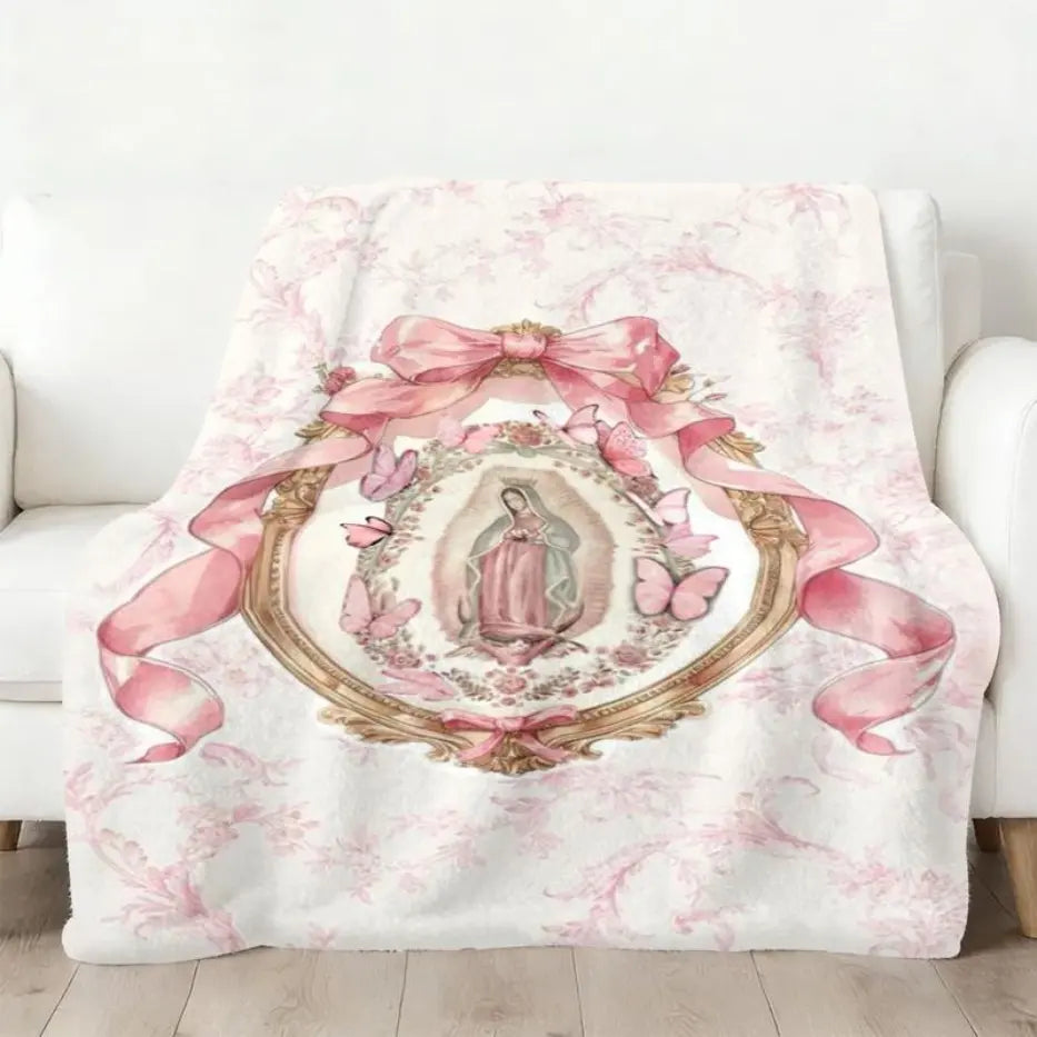 Our Lady of Guadalupe Pink Bow Frame Flannel Blanket - Super Soft Warm Polyester Throw with Colorful Design, Cute Sloth Pattern - Ideal for Bed, Sofa - Unique Gifts for Women, Teens, Moms’ Birthday Gifts, Girly Feminine Items, Mom Birthday Gifts