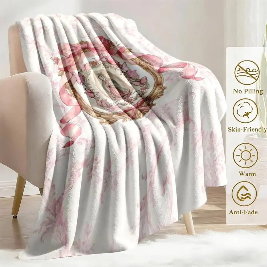 Our Lady of Guadalupe Pink Bow Frame Flannel Blanket - Super Soft Warm Polyester Throw with Colorful Design, Cute Sloth Pattern - Ideal for Bed, Sofa - Unique Gifts for Women, Teens, Moms’ Birthday Gifts, Girly Feminine Items, Mom Birthday Gifts