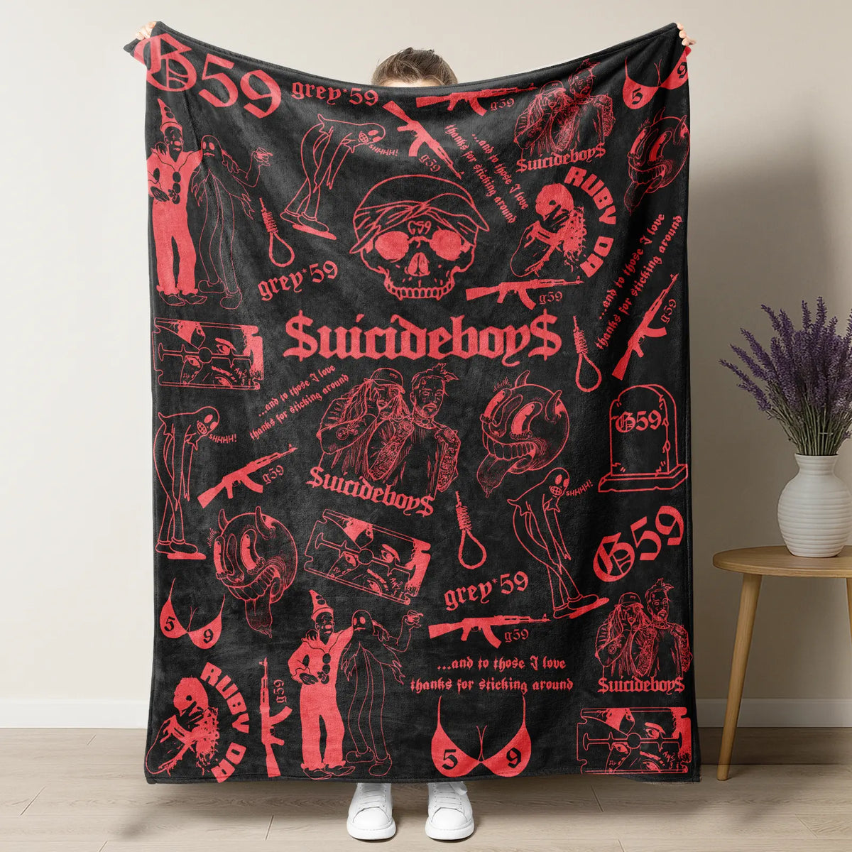 Retro Punk Full Wrap Print Blanket, Premium Soft Fleece Pink Black Horror Skull & Clown Art Blanket Versatile For Sofa Nap Camping And Fan Collectible Present