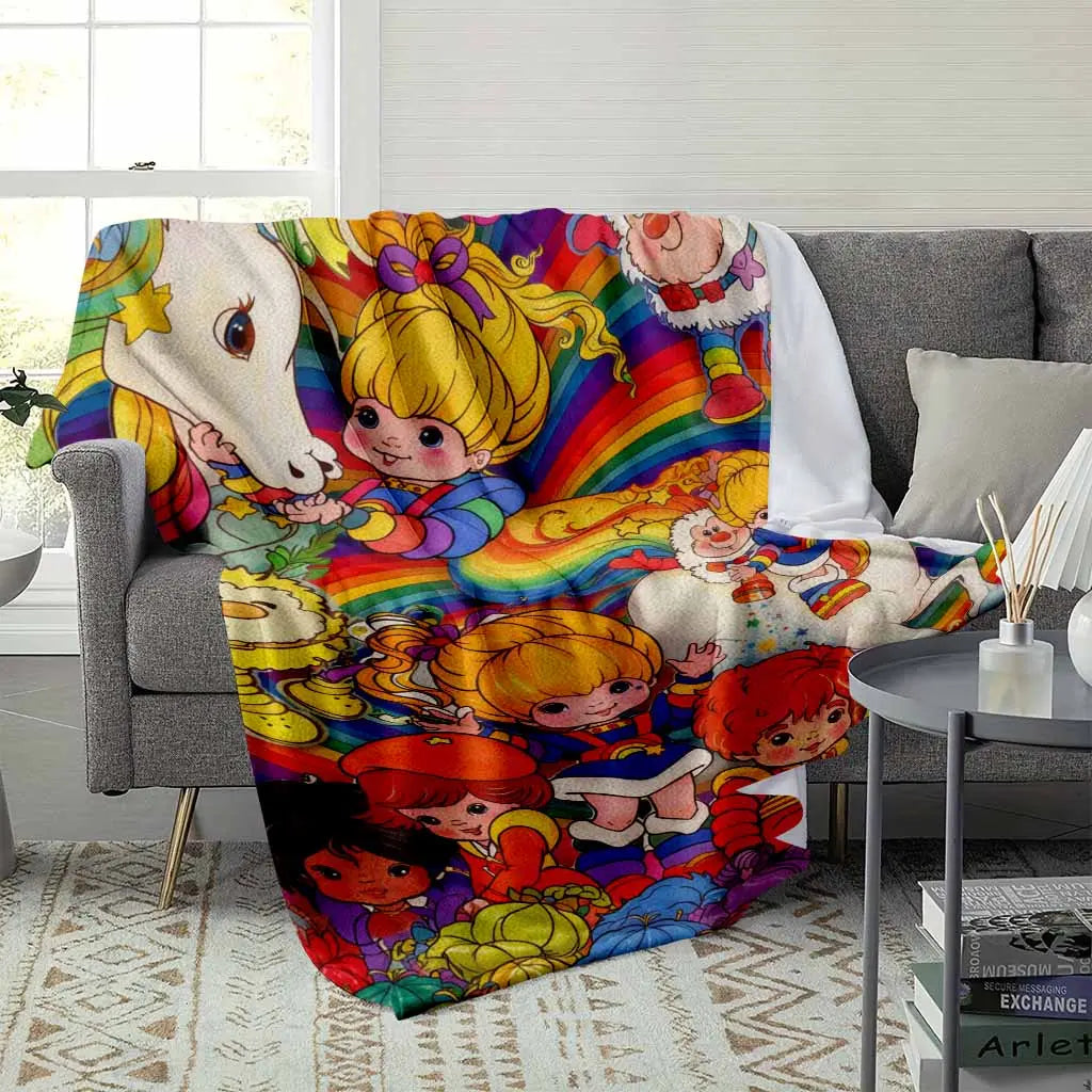 Rainbow Brite Flannel Fleece Throw Blanket 80s Retro Cartoon Starlite Color Kids Magical Horse HD Print Ultra Soft Non Shedding Warm Cozy Sofa Decor Nostalgia Gift