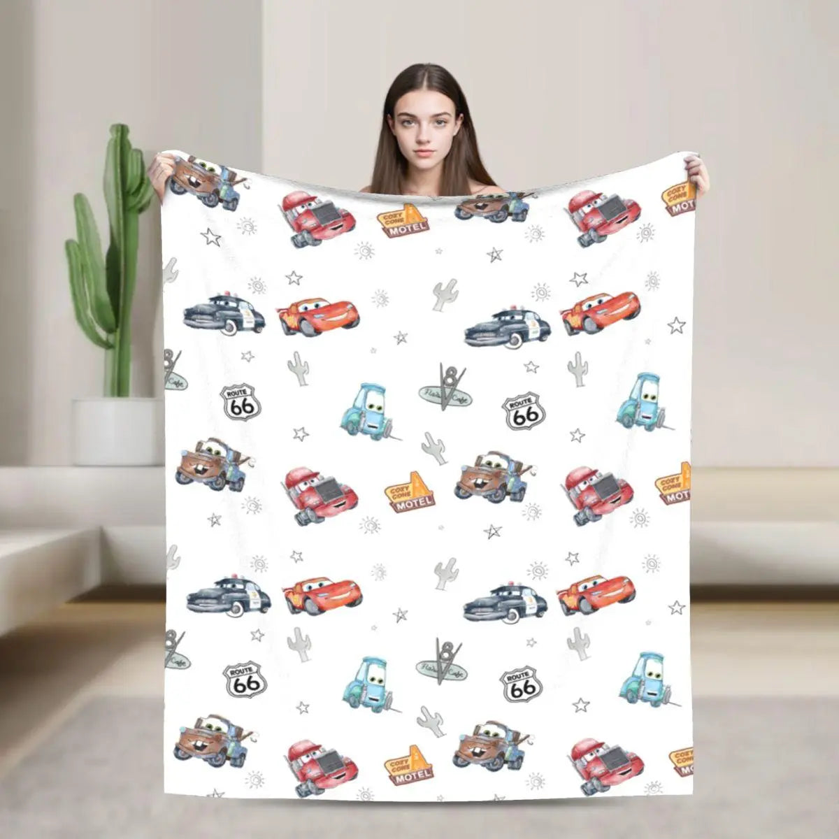 [SummerVibes] DISNEY CLASSIC Soft Funny Cars‌ Throw Blanket Route 66 Cars Blanket, Home Bedroom Decor
