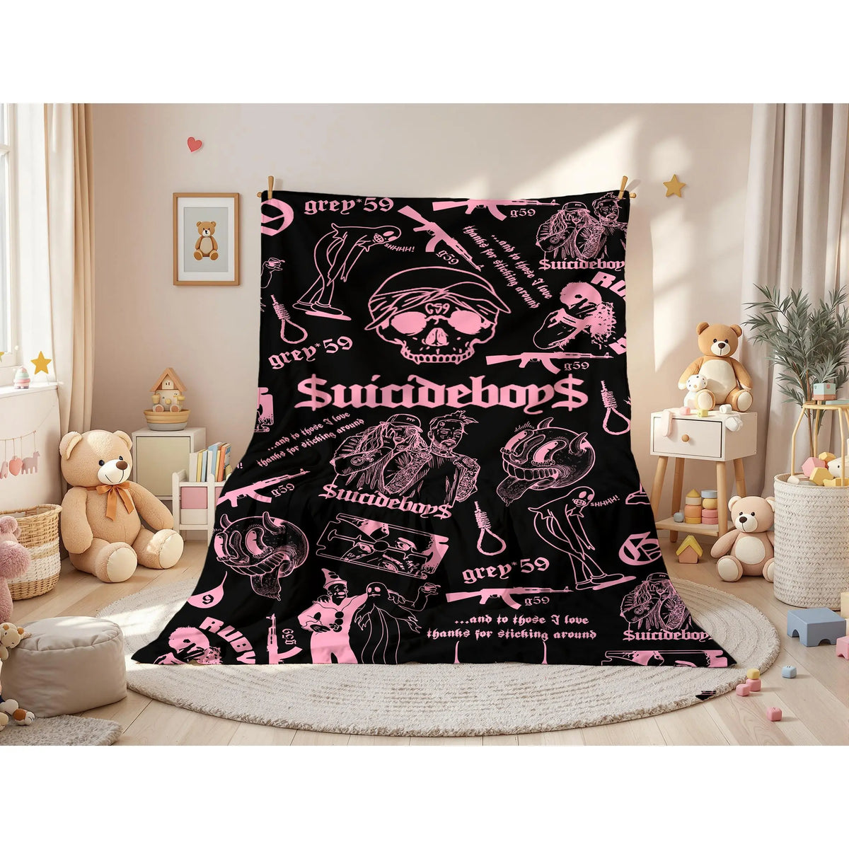 Retro Punk Full Wrap Print Blanket, Premium Soft Fleece Pink Black Horror Skull & Clown Art Blanket Versatile For Sofa Nap Camping And Fan Collectible Present