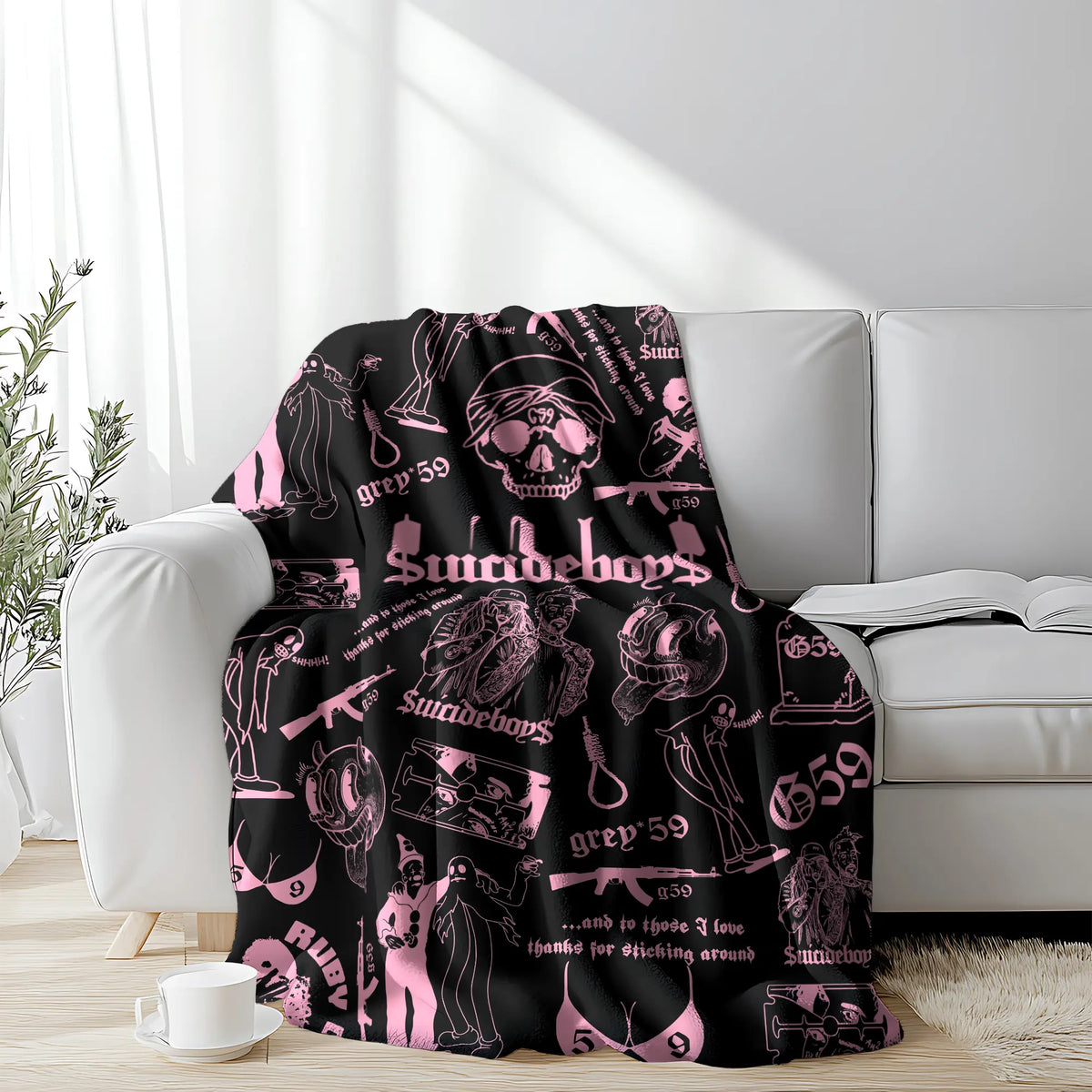 Retro Punk Full Wrap Print Blanket, Premium Soft Fleece Pink Black Horror Skull & Clown Art Blanket Versatile For Sofa Nap Camping And Fan Collectible Present