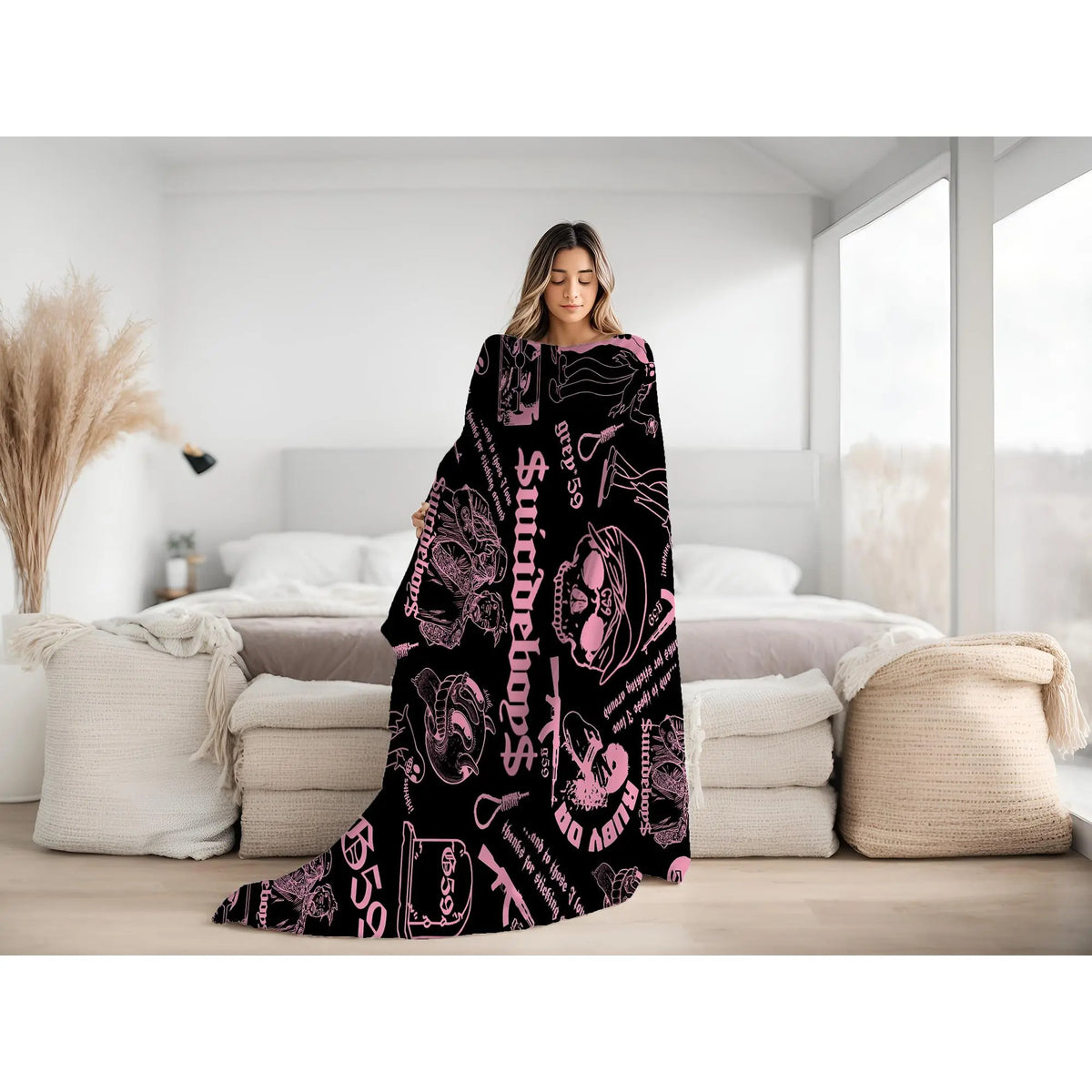 Retro Punk Full Wrap Print Blanket, Premium Soft Fleece Pink Black Horror Skull & Clown Art Blanket Versatile For Sofa Nap Camping And Fan Collectible Present