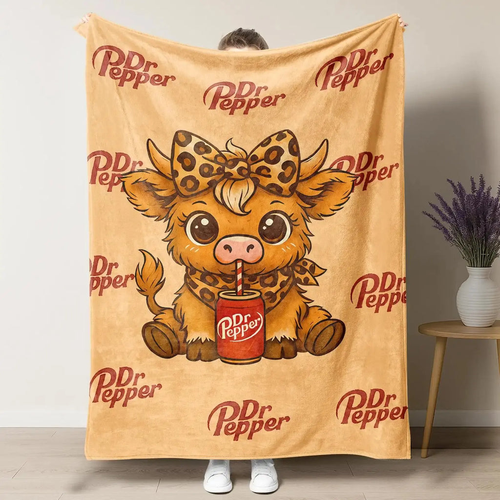Cartoon Printed Character-Themed Cute Highland Cow Pattern Throw Blanket, 100% Polyester Cute Home Textile, Soft Warm Lightweight Blanket for Home & Office Gifts