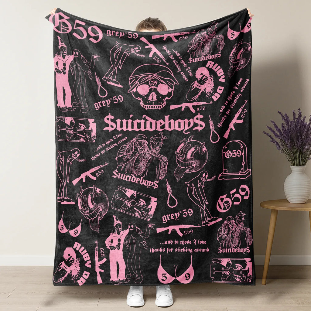 Retro Punk Full Wrap Print Blanket, Premium Soft Fleece Pink Black Horror Skull & Clown Art Blanket Versatile For Sofa Nap Camping And Fan Collectible Present