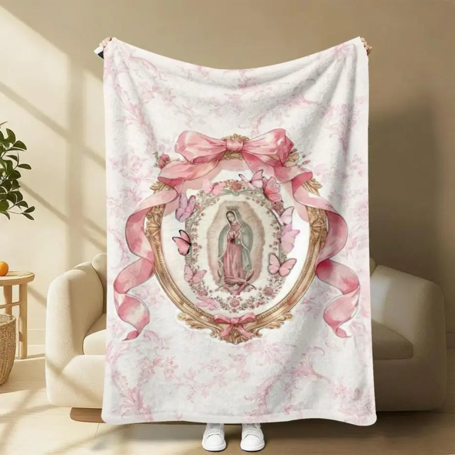 Our Lady of Guadalupe Pink Bow Frame Flannel Blanket - Super Soft Warm Polyester Throw with Colorful Design, Cute Sloth Pattern - Ideal for Bed, Sofa - Unique Gifts for Women, Teens, Moms’ Birthday Gifts, Girly Feminine Items, Mom Birthday Gifts