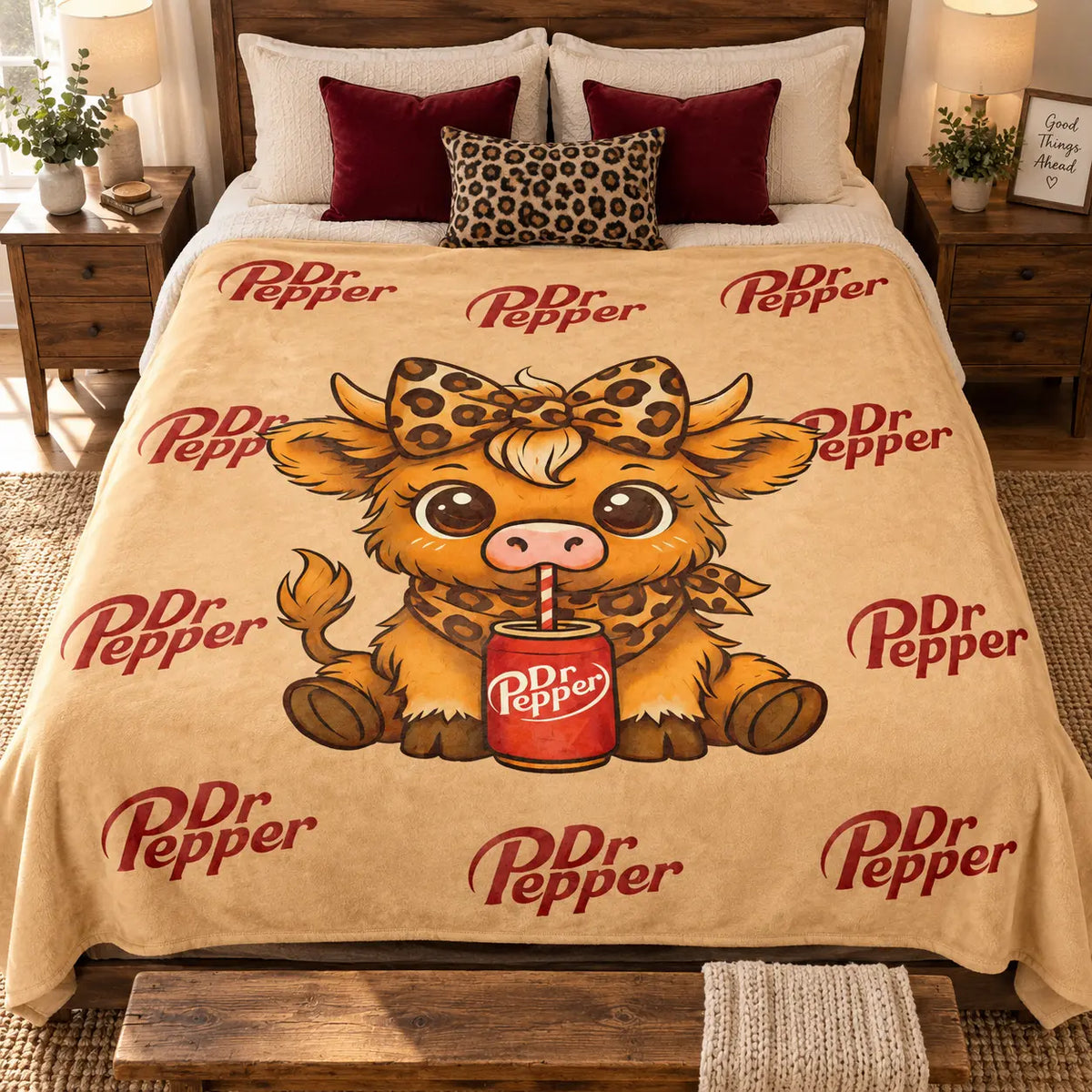 Cartoon Printed Character-Themed Cute Highland Cow Pattern Throw Blanket, 100% Polyester Cute Home Textile, Soft Warm Lightweight Blanket for Home & Office Gifts