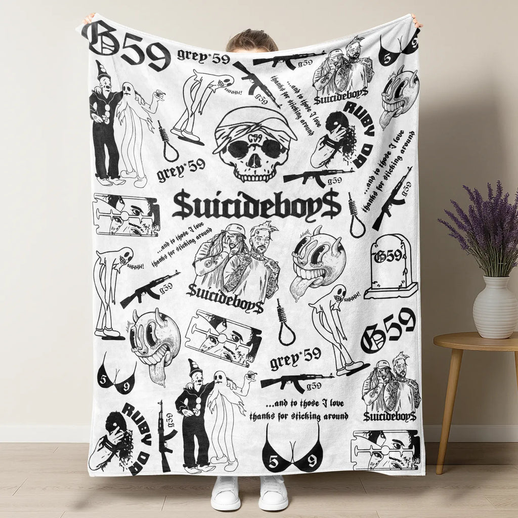 Retro Punk Full Wrap Print Blanket, Premium Soft Fleece Pink Black Horror Skull & Clown Art Blanket Versatile For Sofa Nap Camping And Fan Collectible Present