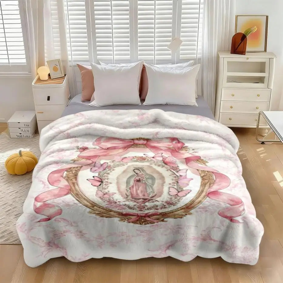 Our Lady of Guadalupe Pink Bow Frame Flannel Blanket - Super Soft Warm Polyester Throw with Colorful Design, Cute Sloth Pattern - Ideal for Bed, Sofa - Unique Gifts for Women, Teens, Moms’ Birthday Gifts, Girly Feminine Items, Mom Birthday Gifts
